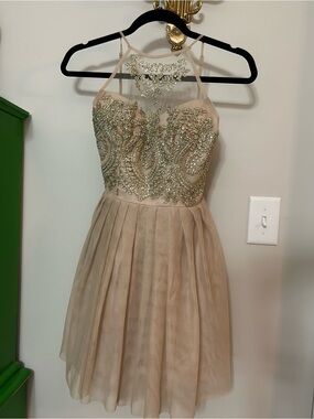 B Darlin Champagne Beaded Tulle Party Dress
